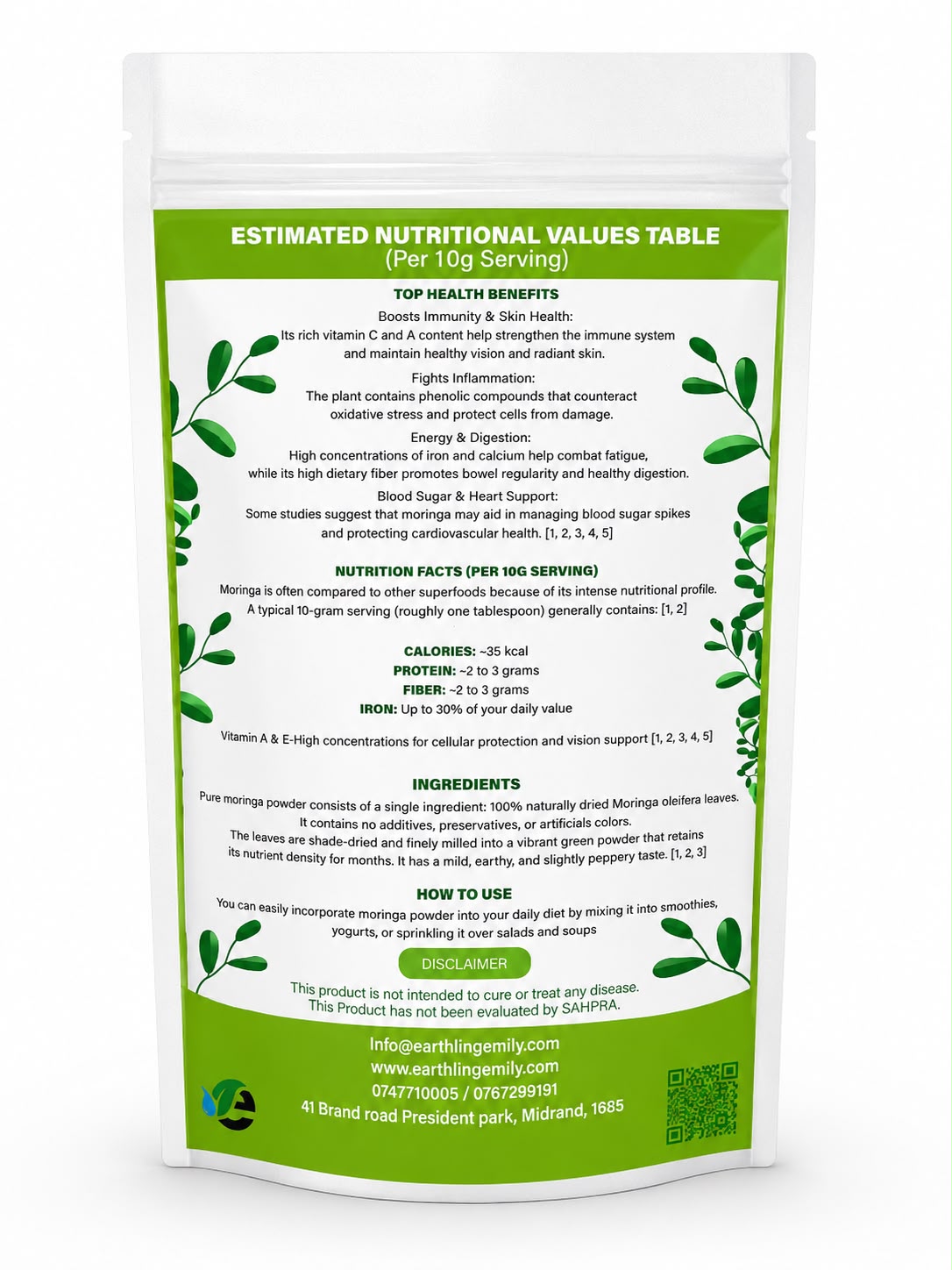 Earthling Emily Moringa Powder Superfood – Natural Plant-Based Nutritional Supplement (150g) - Image 3